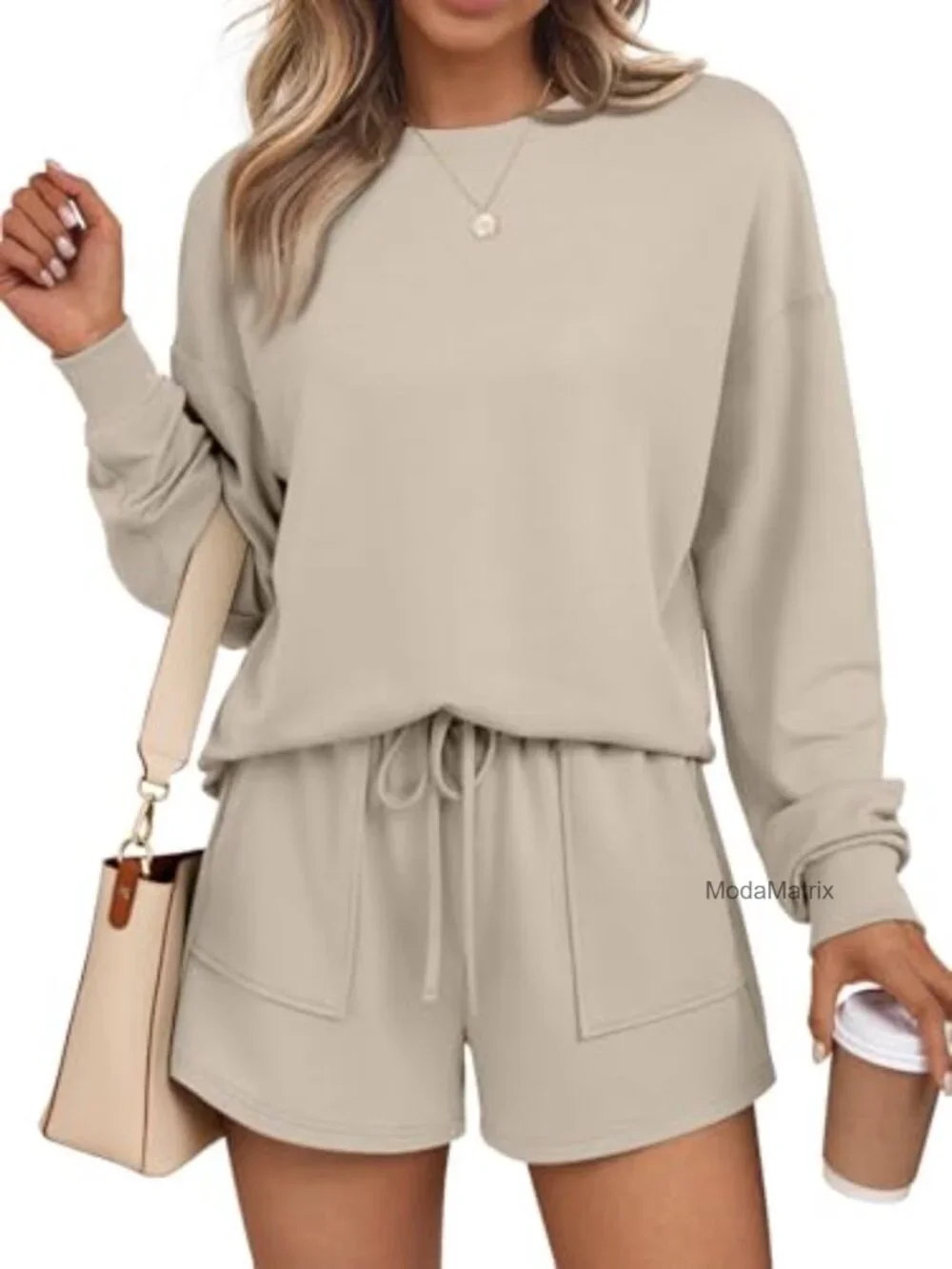Women's Lounge Set - 2 Piece Sweatsuit Long Sleeve Top & Drawstring Shorts,
